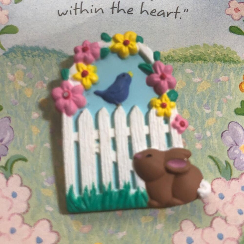 New Vintage Hallmark Lapel Pin Easter Bunny Picket Fence Flowers Bluebird Brooch